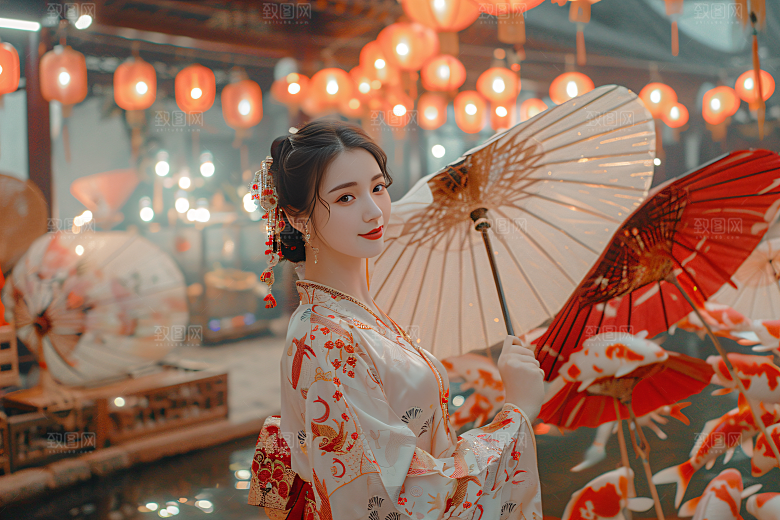 锦鲤汉服美女吉祥唯美素材