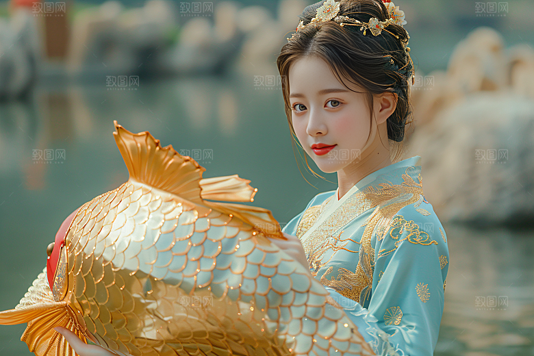 锦鲤汉服美女唯美金鱼素材