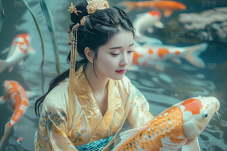 锦鲤汉服美女唯美传统素材