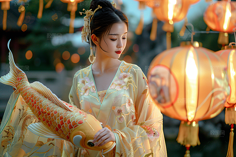 锦鲤汉服美女吉祥古风素材