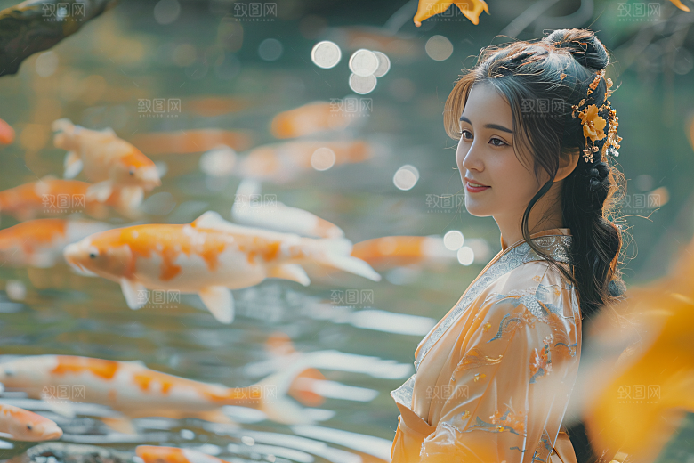 锦鲤汉服美女金鱼唯美素材