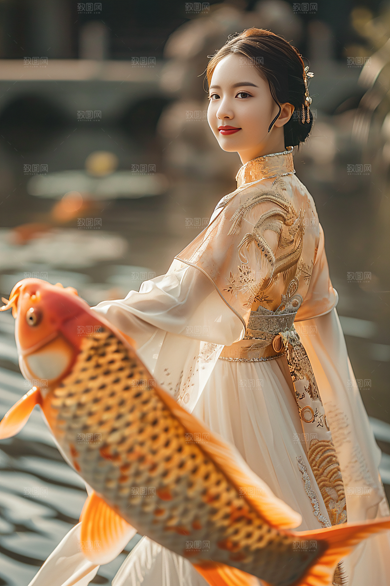 锦鲤汉服美女传统唯美素材