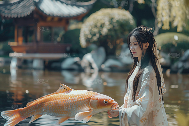 锦鲤汉服美女传统古风素材