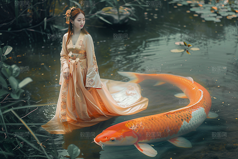 锦鲤汉服美女精致优雅素材