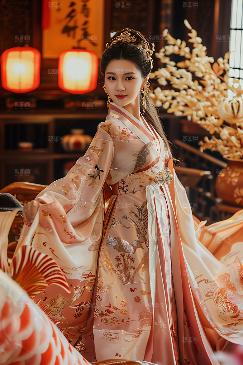 锦鲤汉服美女古风人像素材