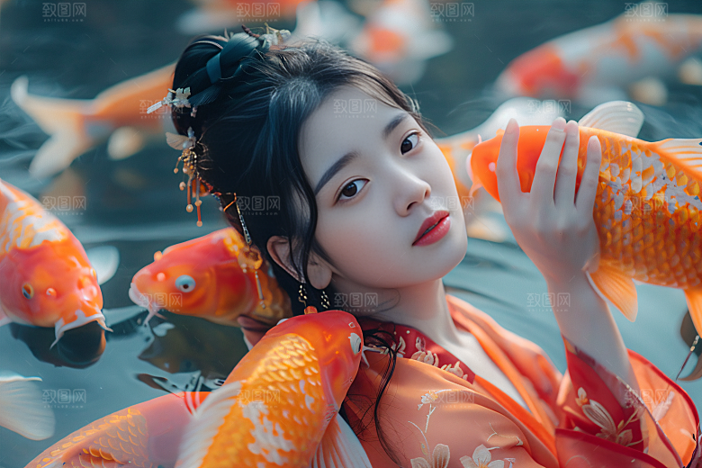 锦鲤汉服美女吉祥肖像素材