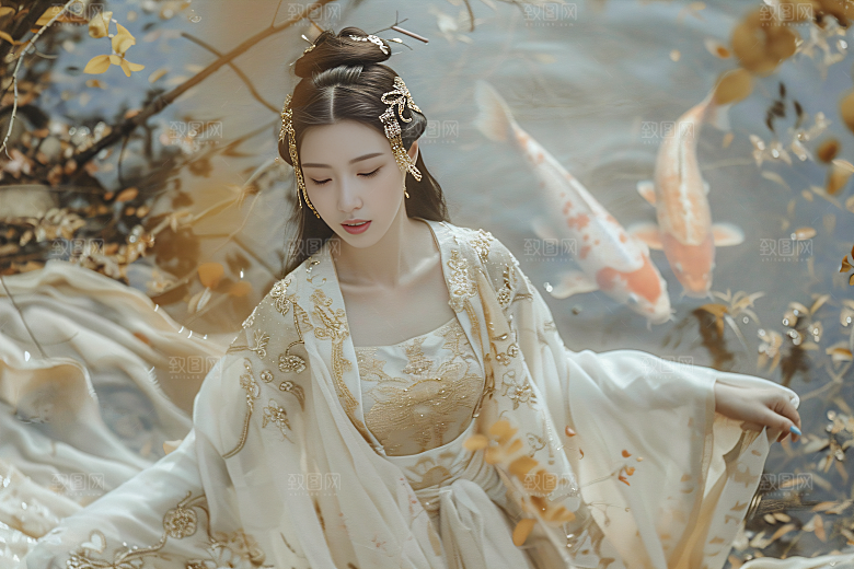 锦鲤汉服美女优雅中国风素材