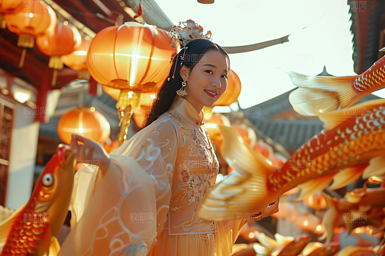 锦鲤汉服美女肖像金鱼素材