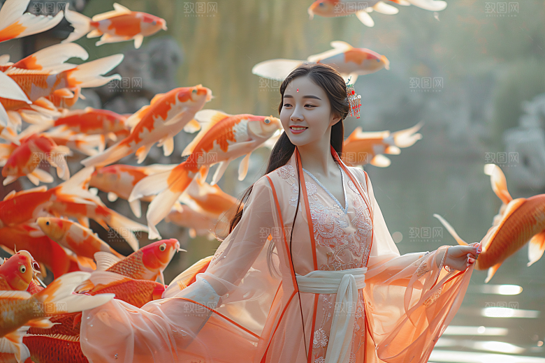 锦鲤汉服美女精致古风素材