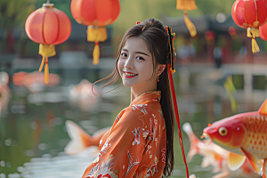 锦鲤汉服美女肖像唯美素材