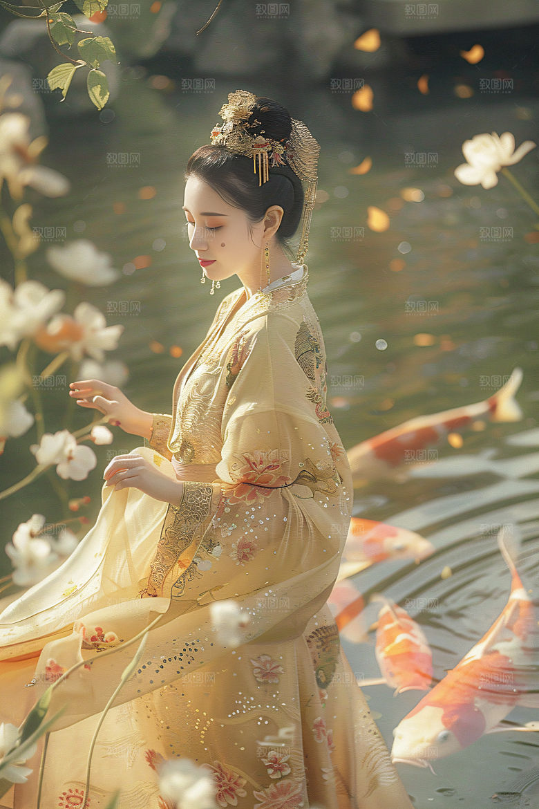 锦鲤汉服美女精致唯美素材