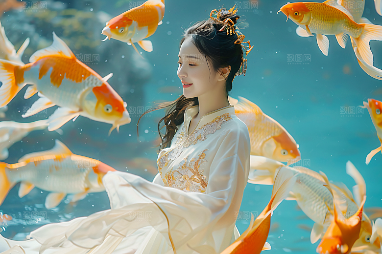 锦鲤汉服美女吉祥古风素材