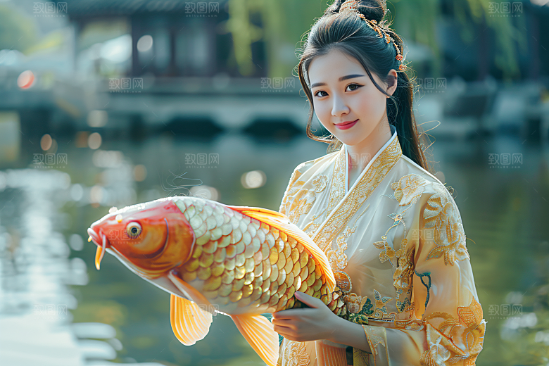 锦鲤汉服美女中国风肖像素材