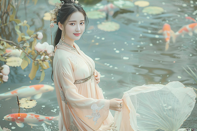 锦鲤汉服美女高清精致素材