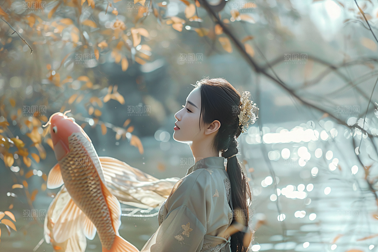 锦鲤汉服美女金鱼吉祥素材