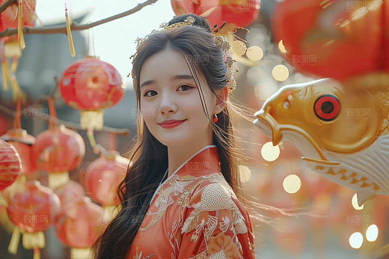 锦鲤汉服美女传统中国风素材