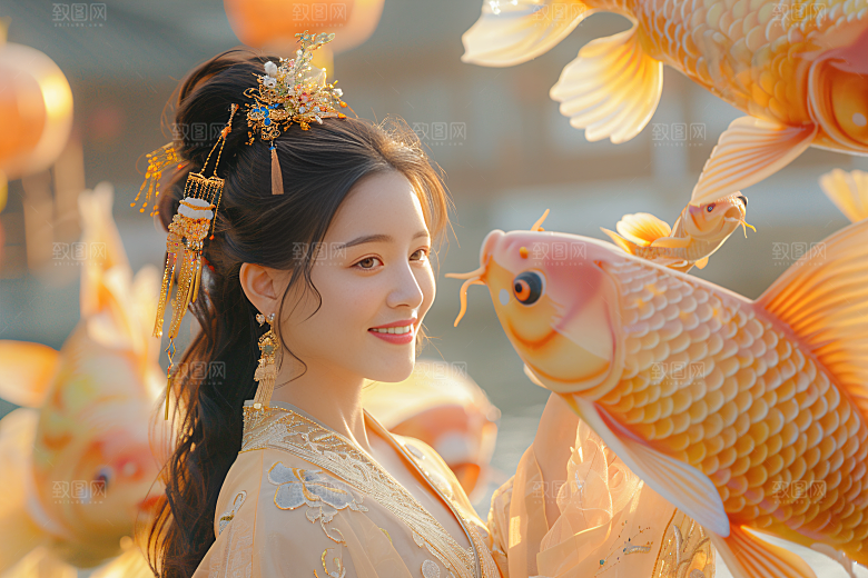 锦鲤汉服美女肖像精致素材
