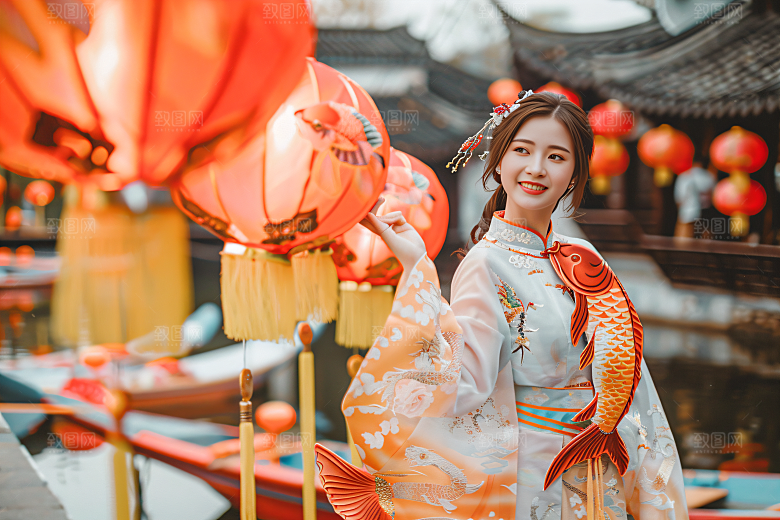 锦鲤汉服美女金鱼高清素材