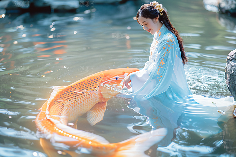 锦鲤汉服美女传统优雅素材