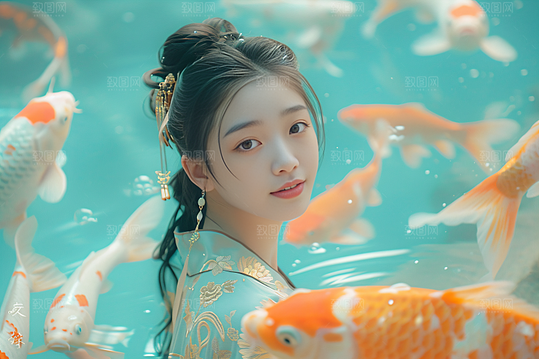 锦鲤汉服美女古风肖像素材