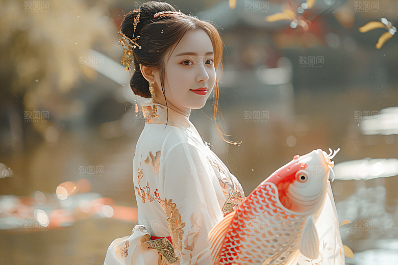 锦鲤汉服美女优雅唯美素材