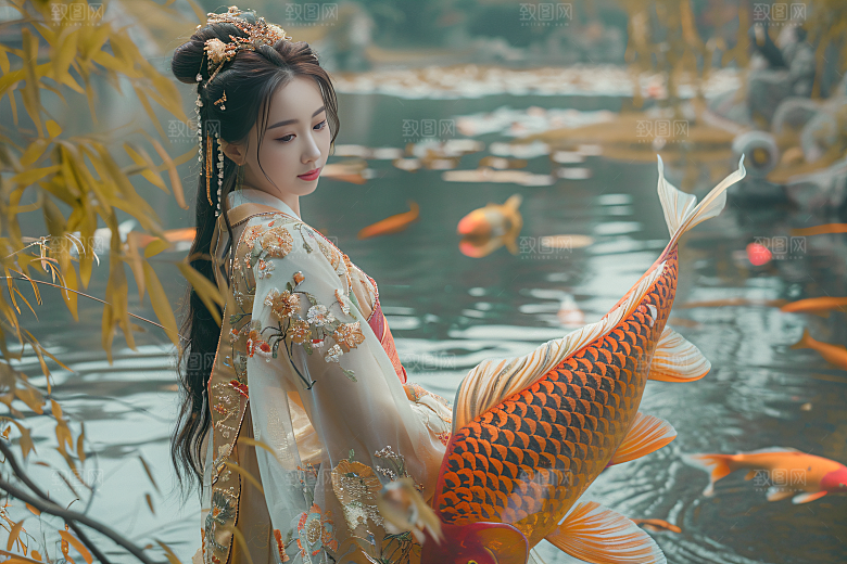 锦鲤汉服美女唯美吉祥素材