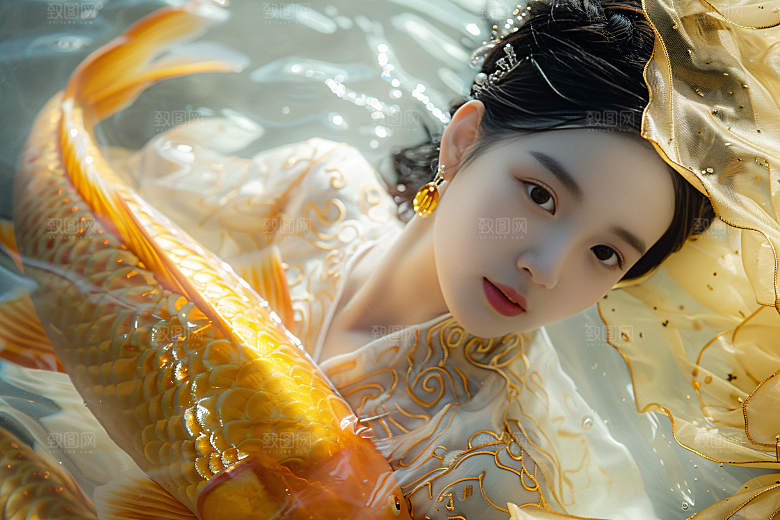 锦鲤汉服美女金鱼古风素材