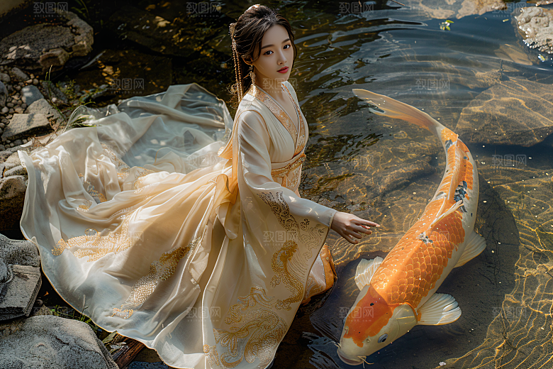 锦鲤汉服美女古风优雅素材