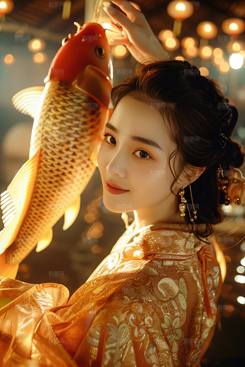 锦鲤汉服美女金鱼人像素材