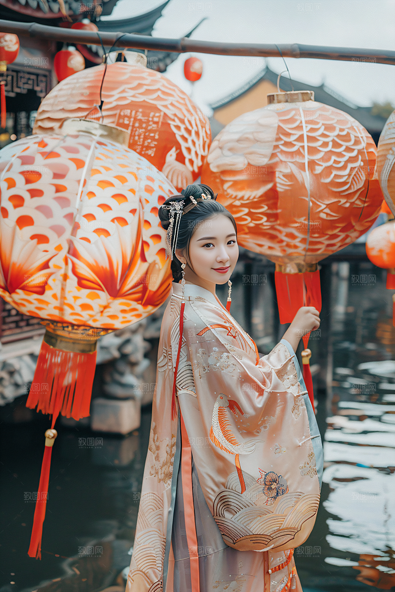 锦鲤汉服美女肖像吉祥素材