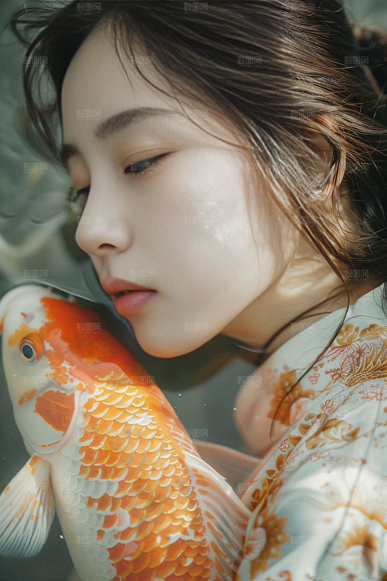 锦鲤汉服美女传统金鱼素材