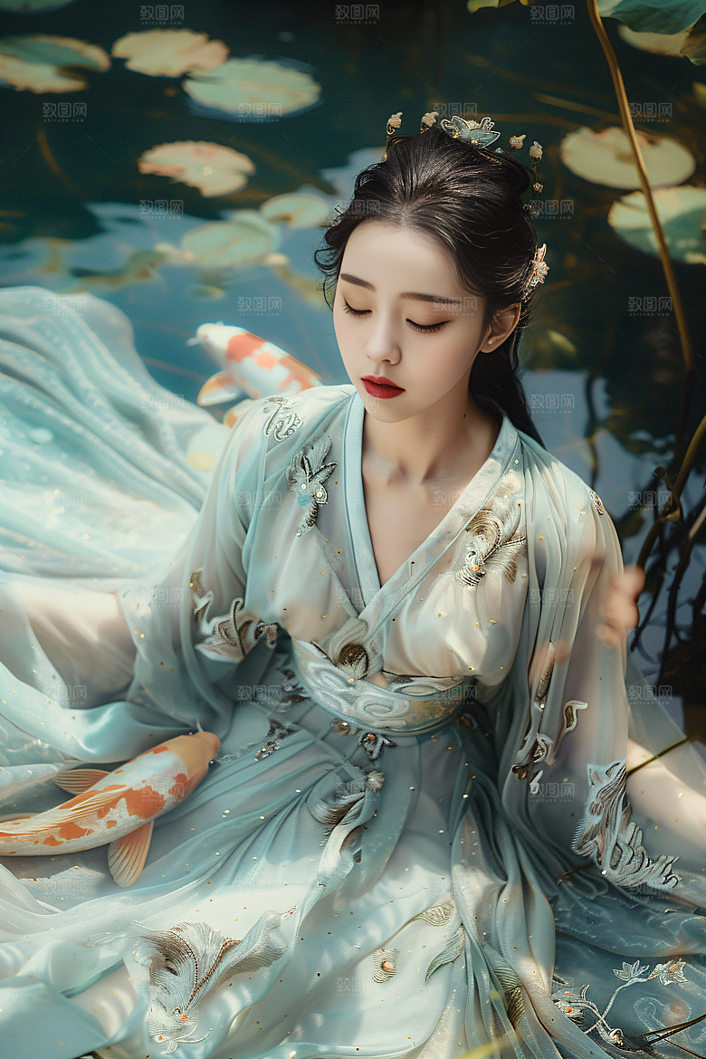 锦鲤汉服美女唯美金鱼素材