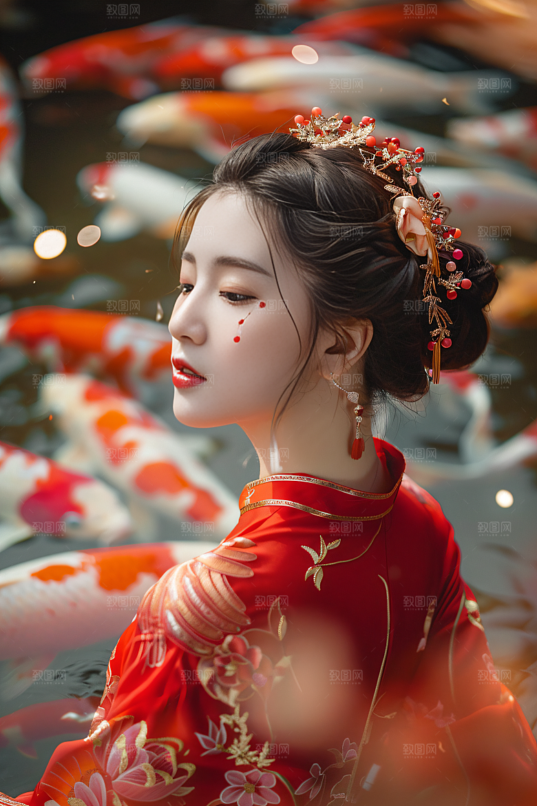 锦鲤汉服美女精致唯美素材