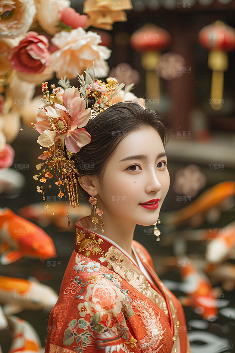 锦鲤汉服美女唯美吉祥素材
