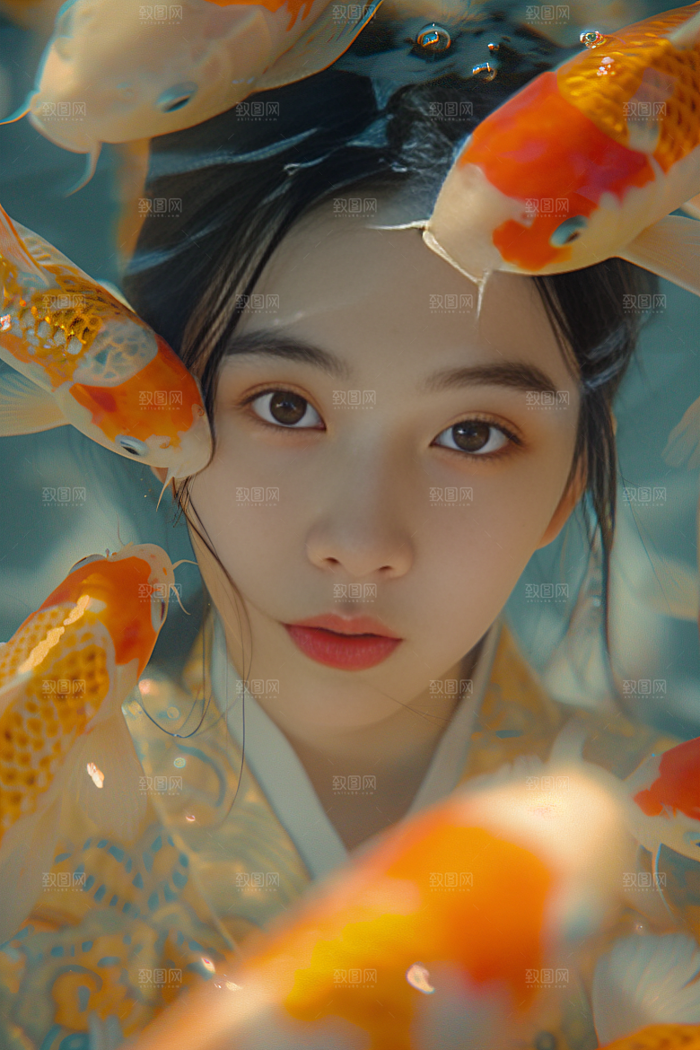 锦鲤汉服美女金鱼吉祥素材