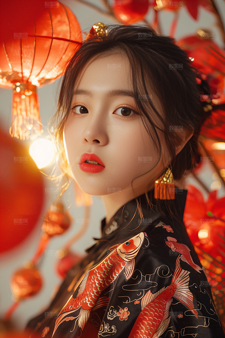 锦鲤汉服美女中国风古风素材