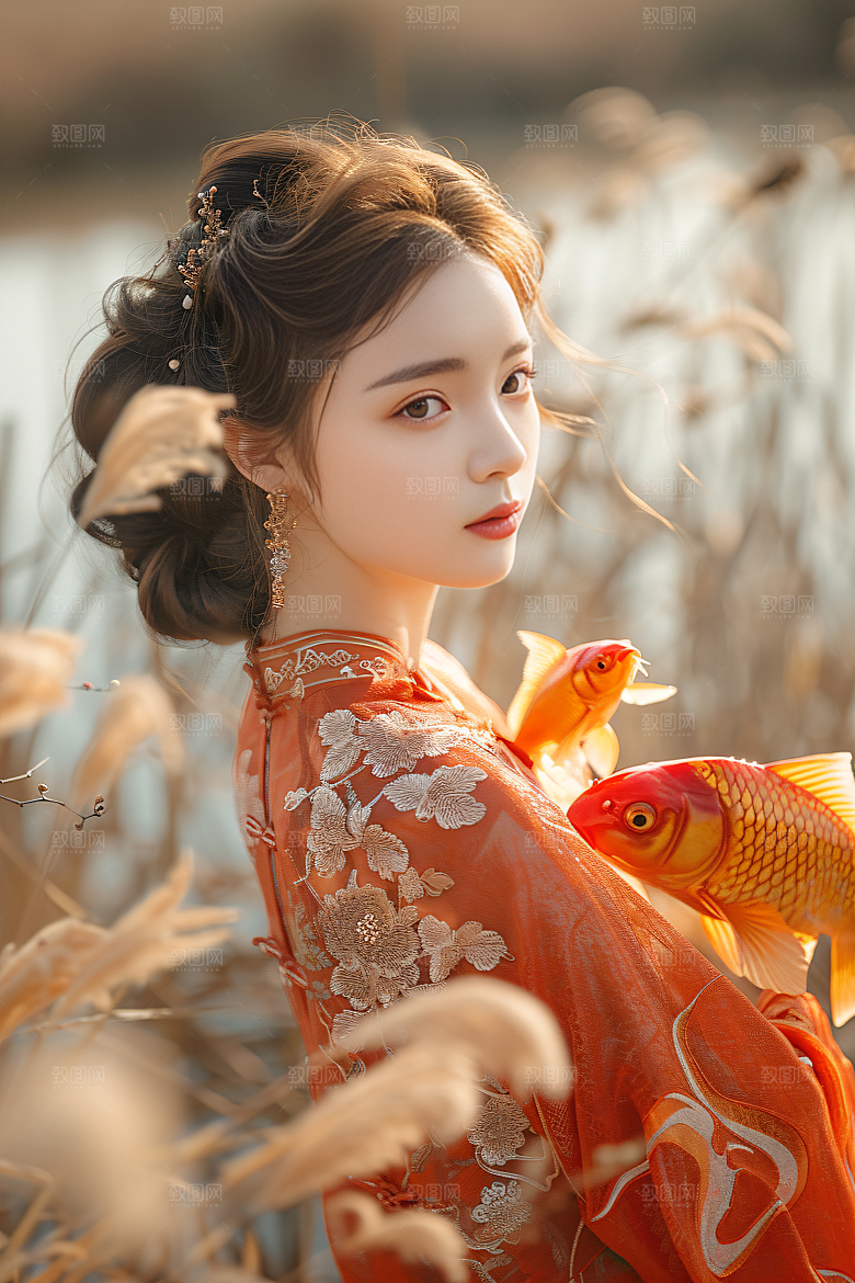 锦鲤汉服美女唯美优雅素材
