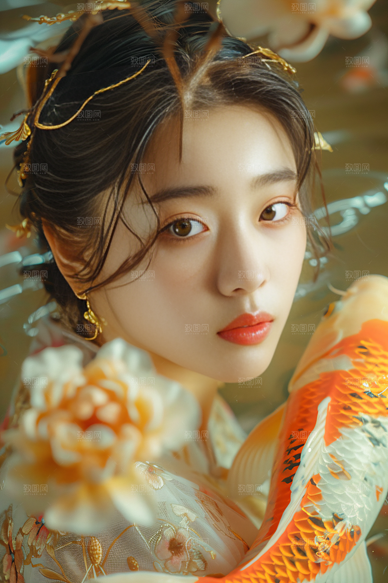 锦鲤汉服美女古风唯美素材