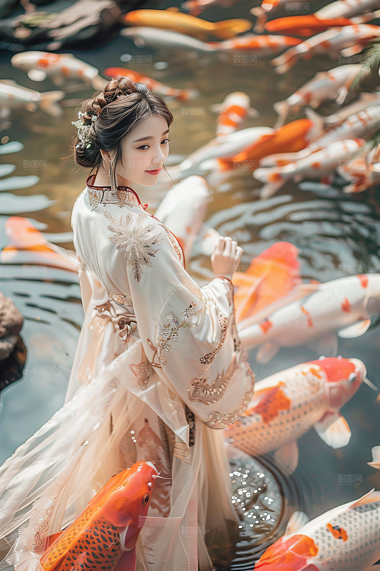 锦鲤汉服美女唯美优雅素材