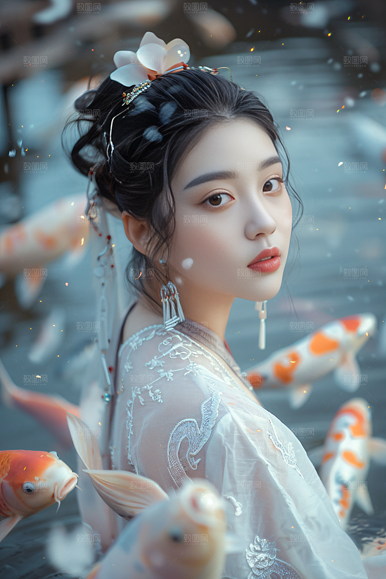 锦鲤汉服美女人像古风素材