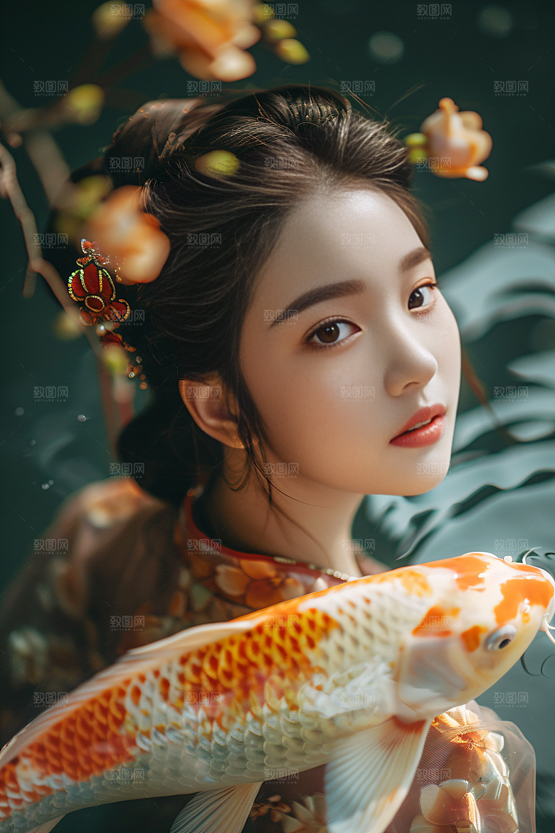 锦鲤汉服美女高清金鱼素材