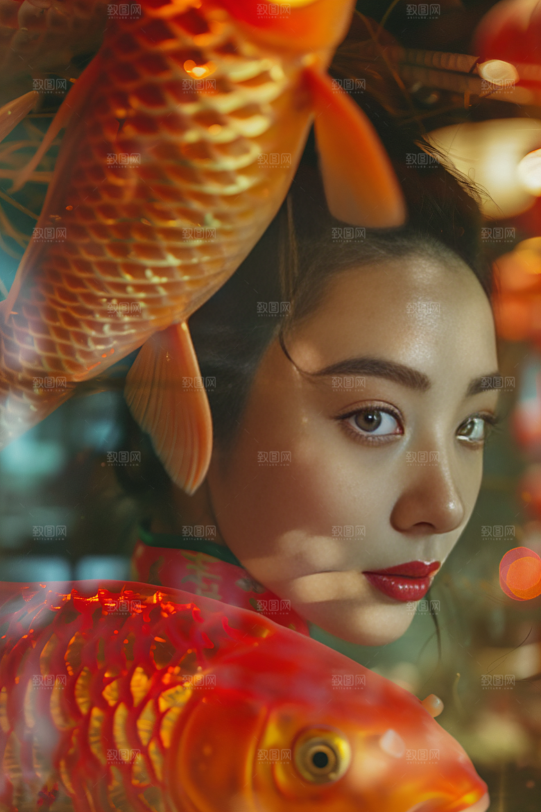 锦鲤汉服美女传统金鱼素材