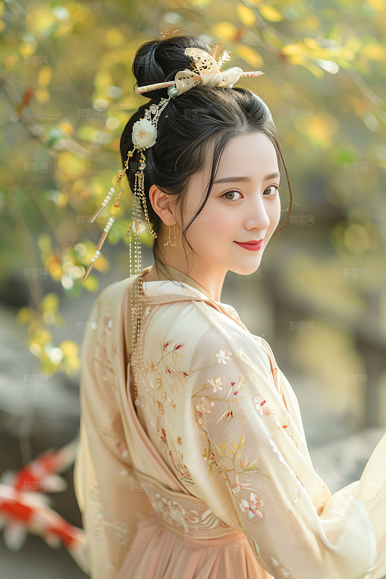 锦鲤汉服美女唯美传统素材