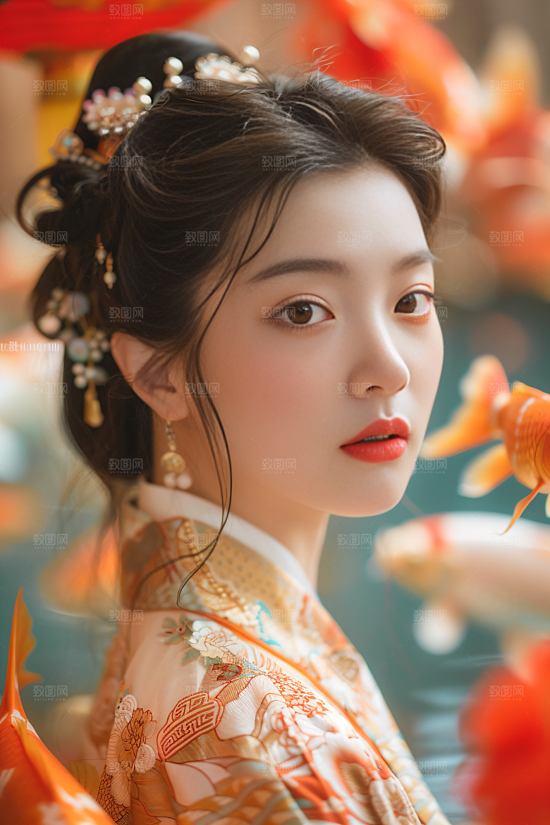 锦鲤汉服美女吉祥金鱼素材