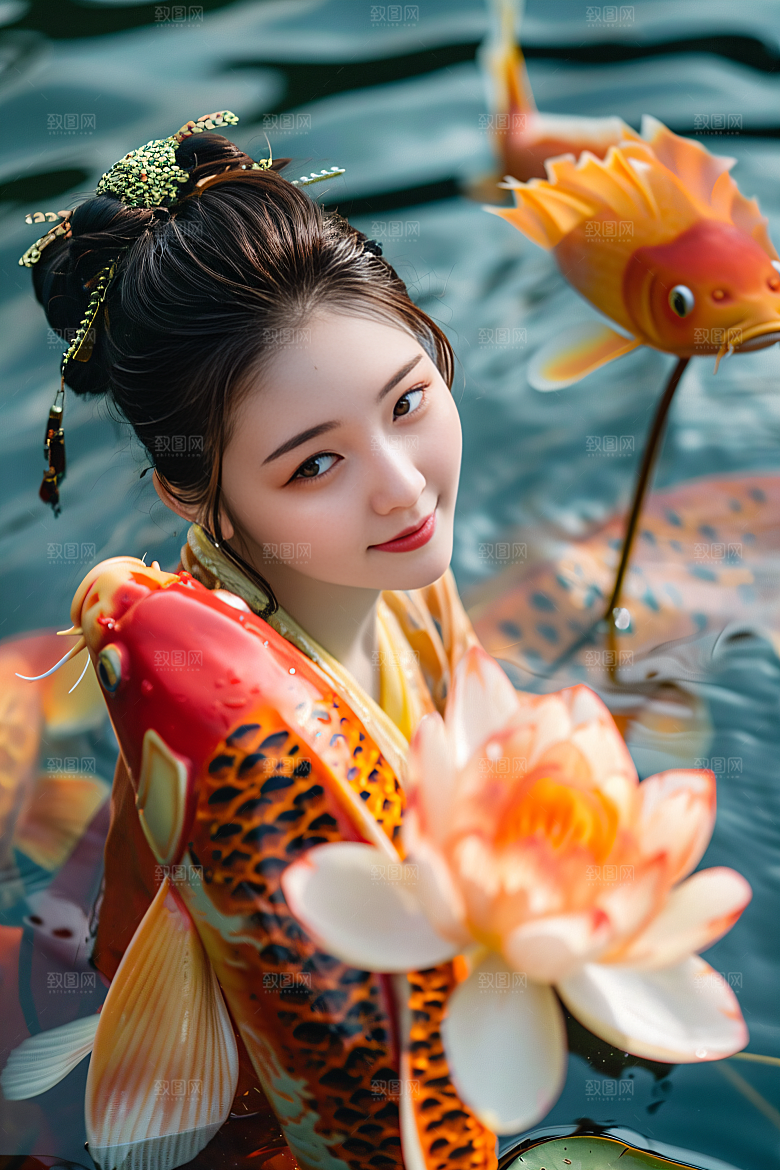 锦鲤汉服美女精致传统素材