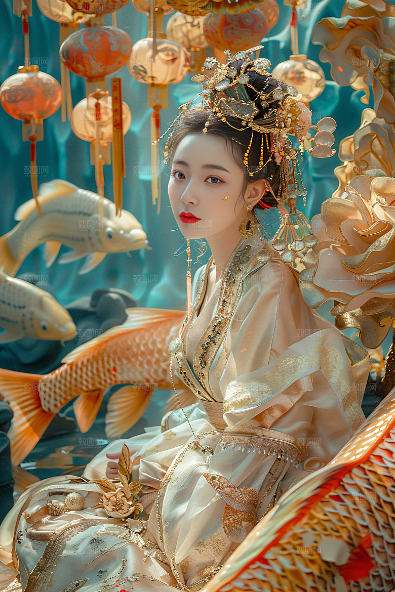 锦鲤汉服美女优雅吉祥素材