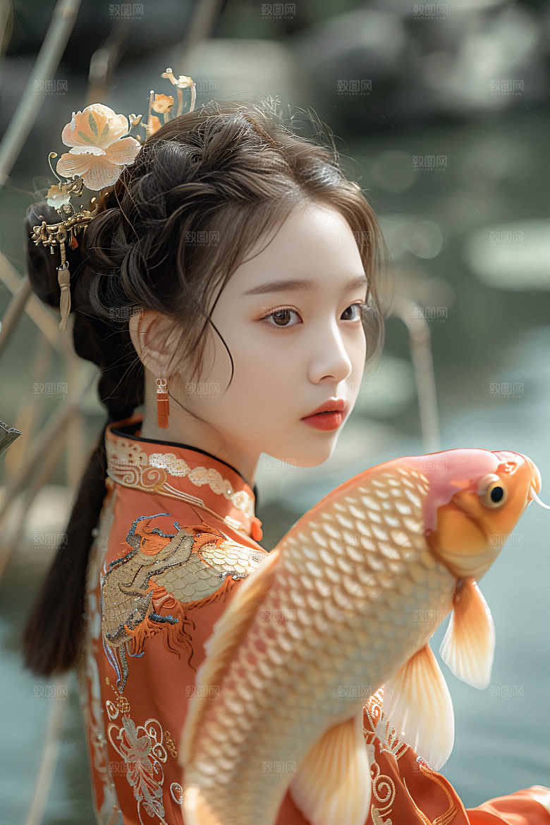 锦鲤汉服美女古风金鱼素材