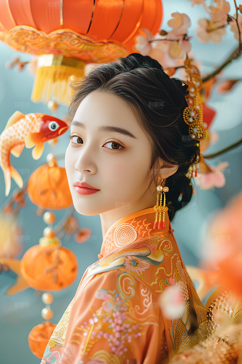 锦鲤汉服美女金鱼古风素材