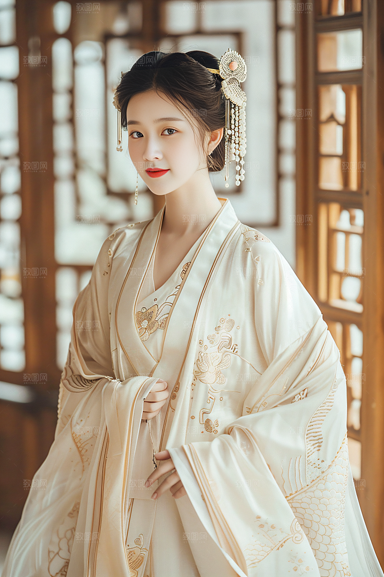 锦鲤汉服美女唯美金鱼素材