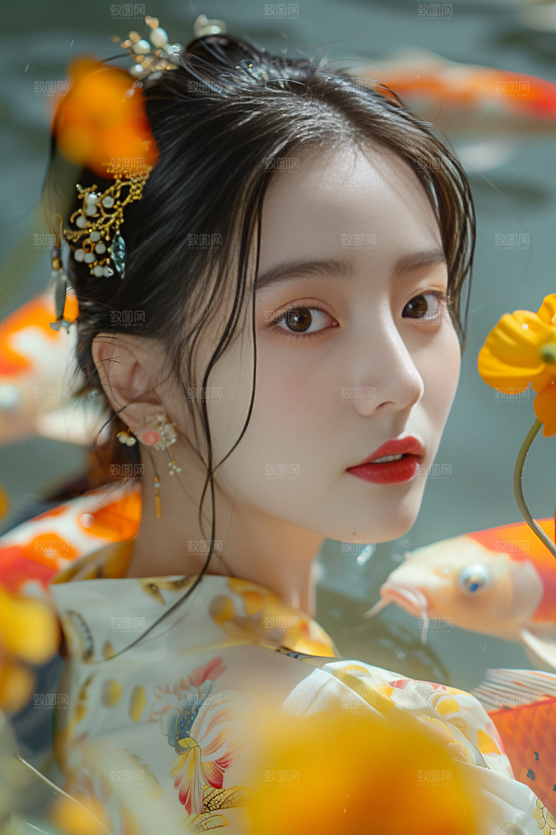 锦鲤汉服美女金鱼吉祥素材